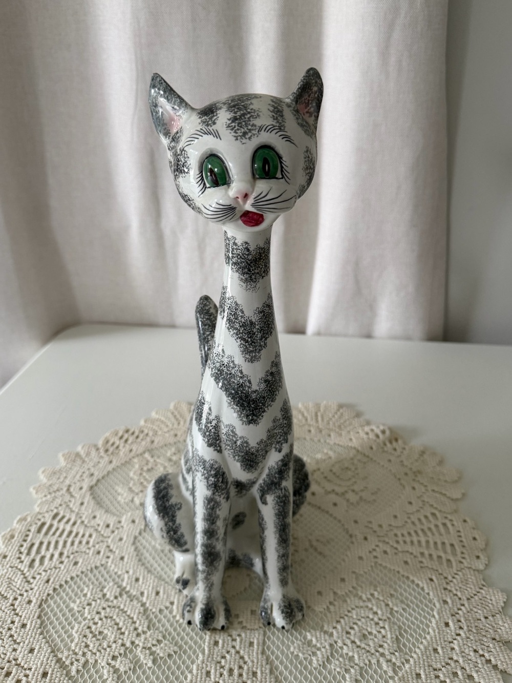 VTG MCM Italian Pottery Longneck Ceramic Tabby Cat with Green Eyes-13.5” tall
